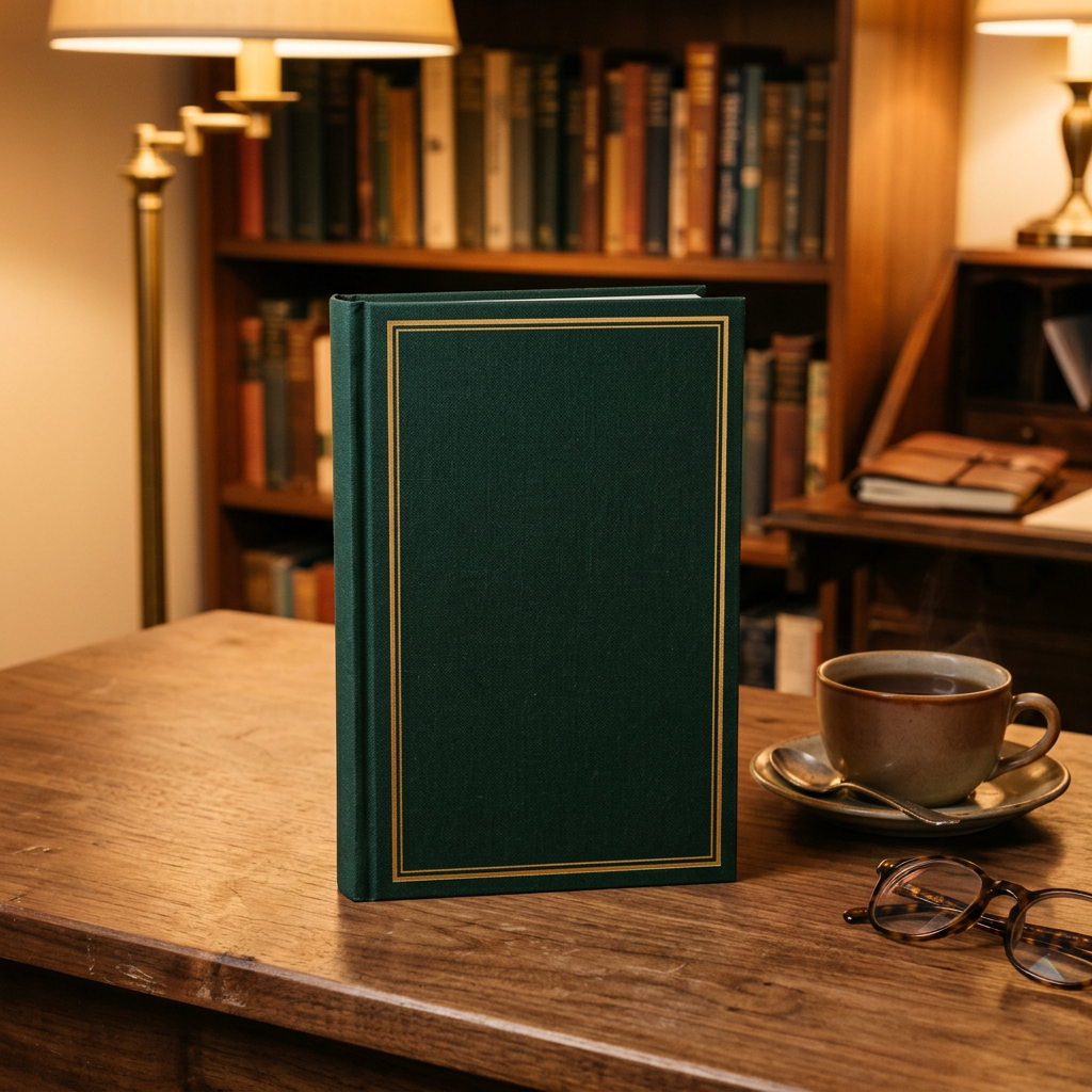 A green hardcover book with a gold border on a wooden desk beside a cup of tea