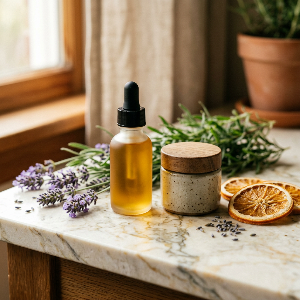 An amber dropper bottle and a ceramic jar beside lavender and dried orange slices on a marble counter