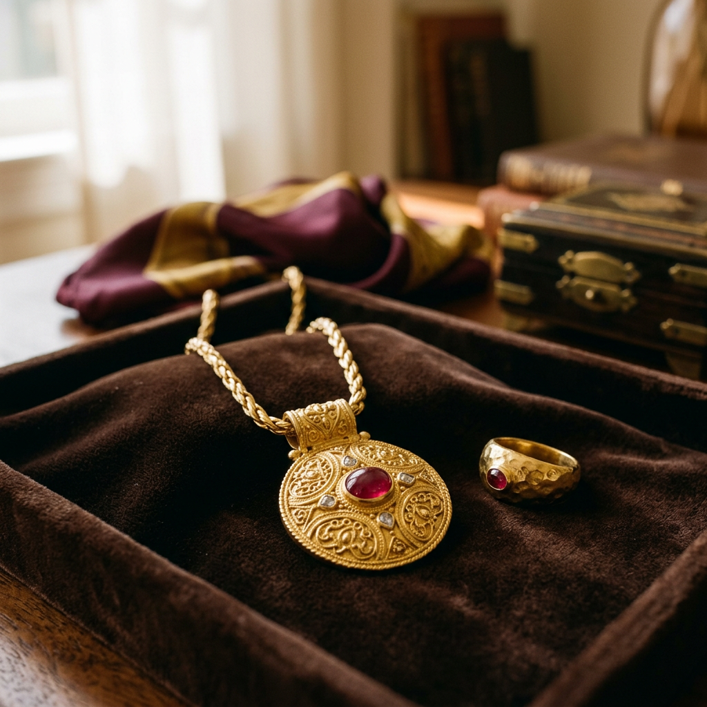 A gold pendant necklace and a gold ring on a dark velvet tray