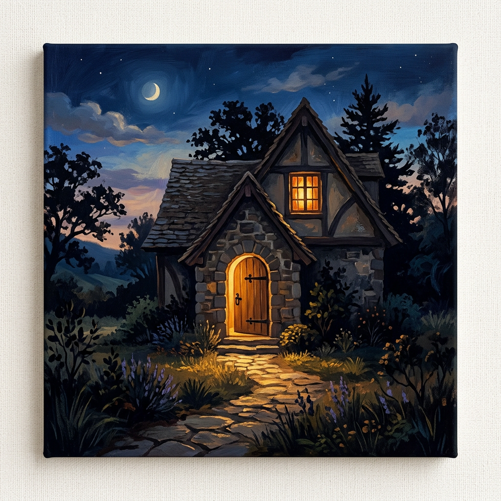 A painting of a stone house at dusk with one glowing window and a lit arched door